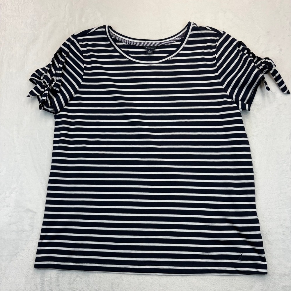 Nautica Womens XL Navy White Striped Cotton Top Tie Sleeve NWT